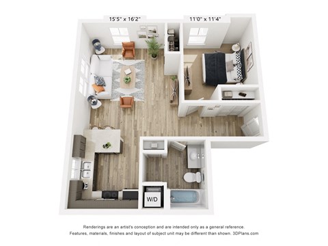 Floor plan for 1 bed, 1 bath, 734 sqft